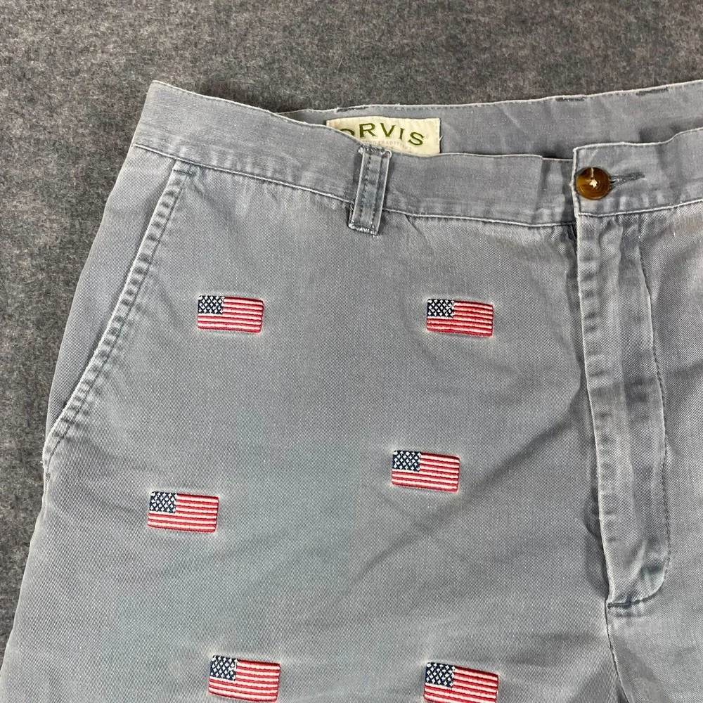 Orivis Shorts Mens 40 Blue Faded Flat Front USA Flag Embroidered Retro‎ Fishing